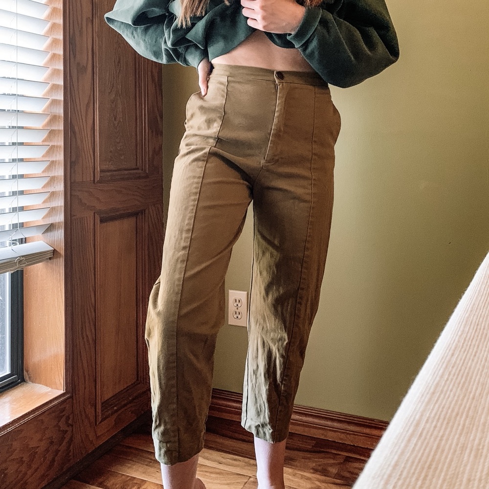 Zara Olive Tapered Paper Bag Crop Pants